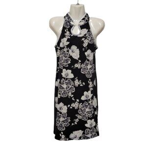 𝅺FLORAL Black White Mandarin Collar Chinese Cheongsam Style Sleeveless Dress S/